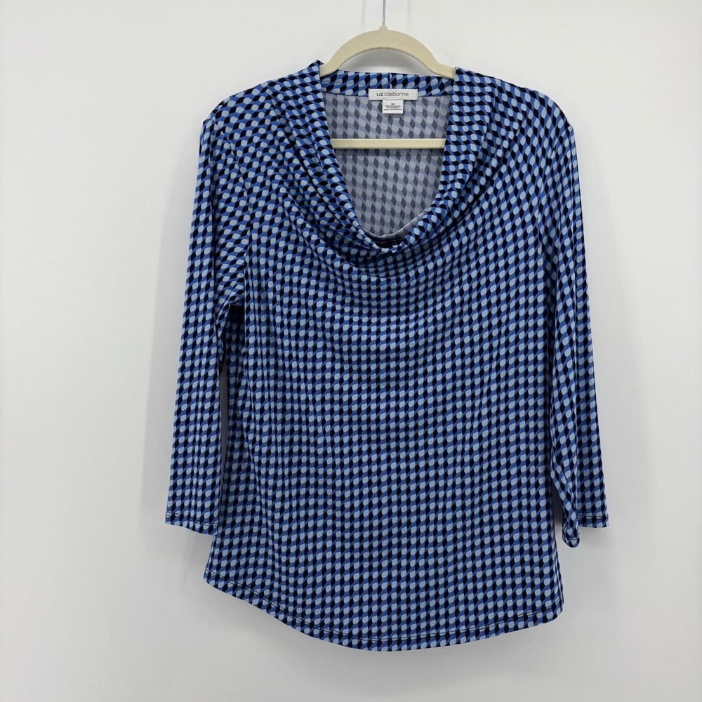 Liz Claiborne Womens Medium‎ Blue Geometric Cowl Neck 3/4 Sleeve Blouse Top